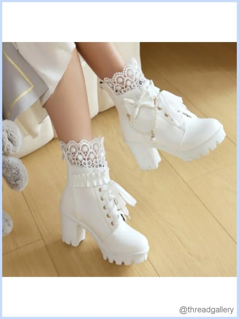 Gothic platform ankle boots with lace pearl chain bow chunky high heel combat